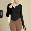 Q Otoño e Invierno Camiseta Deportiva Ajustada con Cuello de Botón para Mujer, Moda de Cuerpo Delgado, Dobladillo Curvo, Top de Yoga de Manga Larga