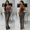 C6613 Transfronterizo Aliexpress Amazon Moda Europea y Americana para Mujer Color Puro Malla Diamante de Imitación Tirantes Falda Larga Vestido