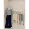Cardigan de Tricô Feminino Estilo Coreano com Decote V, Renda Franzida e Barra Levemente Flare para Verão, Fino, Elegante e Solto