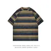 Camiseta Pesada Tie-Dye Listrada Amarela para Homens, Retro Americano Gola Pequena Manga Curta Oversize Marca Tendência Manga Três Quartos