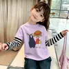Camiseta Infantil de Outono Desenho Animado Falsa Dupla Peça Manga Longa Algodão Puro Patchwork de Listras Mangas Gola Redonda Versátil Camada Base