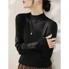 Camisa Base Gris para Mujer, Cuello Medio Alto de Alta Gama, Manga de Tres Cuartos, Top de Manga Media Ajustado, Camiseta de Punto A7691