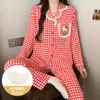 Pijama de dibujos animados estilo japonés para mujer, primavera y otoño, con copas en el pecho, cuadros de algodón nube, manga larga, pantalón largo, conjunto holgado para casa