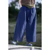 Pantalones Largos de Algodón Puro Azul Nuevo de Verano Artísticos para Mujer, Cintura Elástica, Pantalones Rectos Casuales Holgados Retro Adelgazantes