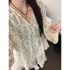 Nuevo Conjunto de Pijama con Estampado Floral Retro para Mujer Primavera y Otoño Estilo Coreano Cuello en V Con Cordones Manga Larga Pantalones Largos Holgado Casual Conjunto para Estar en Casa