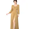 Vestido Elegante de Otoño de Color Sólido con Cuello Cuadrado, Mangas Abullonadas, Plisado, Talla Grande para Mujer, Cintura Ceñida, Abertura, Vestido Largo