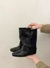 Botines de Tobillo Ancho con Punta Cuadrada Estilo Coreano, Aumentadores Internos de Altura, para Mujer, Otoño, Superventas, Moda, Botines Apilados Plegados, Botas Cortas de Motociclista