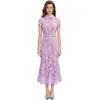 Artículo popular para pedidos en línea: Vestido midi de cola de pez, suave y elegante, con encaje jacquard calado y manga corta, vestido de verano en stock