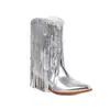 Bota Curta Feminina Europeia e Americana Bico Fino Salto Grosso Tamanho Grande Botas com Lantejoulas e Franjas 8242