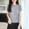 Nuevo Top de Punto de Manga Corta Redondo de Tencel Lyocell para Mujer Color Sólido Hueco Holgado Camiseta