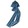 Traje Casual de Mezclilla Verano Cordón Cuello Polo Camisa Top Cintura Elástica Pierna Ancha Corte Ajustado Traje de Verano para Mujer