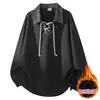 Sudadera con cordones de diseño color block estilo americano para hombre, cuello polo forrado de polar, corte holgado, camisa versátil de manga larga con cuello desplegable para otoño