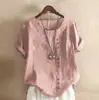 2023 Amazon Wish Aliexpress Camisetas Casuales Sueltas de Manga Corta de Algodón y Lino Retro para Mujer en Stock Marcas de Moda