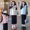 Conjunto de Maternidad Otoño Invierno Nuevo Estilo Chaleco de Punto de Lunares Negro Cuello Alto Capa Interior Falda Media Conjunto de Tres Piezas Cubre Vientre Madre Embarazada Ropa Exterior