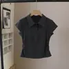 [Nova Versão Coreana Primavera/Verão 2026 Camiseta Casual Versátil de Manga Curta com Gola Polo e Cintura Franzida Emagrecedora para Mulheres 5945]