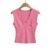 2649-26 Otoño estilo coreano ajustado sin mangas de cuello V color macarrón camiseta sin mangas