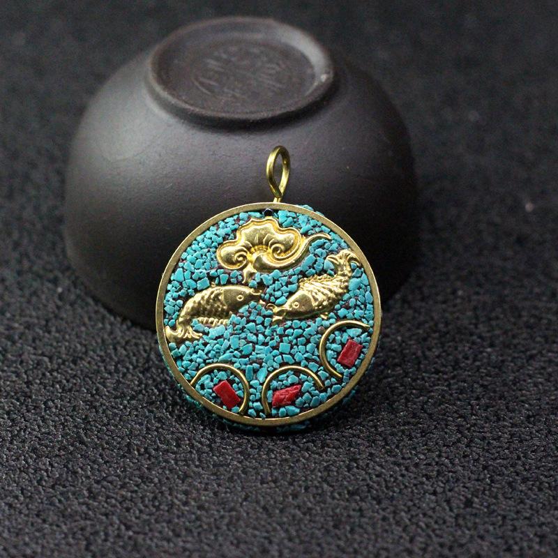 复古尼泊尔手工牌子藏式黄铜镶嵌吊牌项坠挂饰DIY饰品项链配件