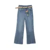 Ou Fan Llavero de Personalidad Azul Elegante Jeans de Cintura Alta para Mujer, Pantalones Acampanados Cropped Ajustados Elásticos 11228