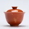 Moji Alum Rojo Esmalte Tapa Antigua Cuenco Juego de Té Kung Fu Cerámica Cuenco para Té de Roca Oro Ciruelo Orquídea Bambú Crisantemo Imitación Cuenco para Té con Espuma Caliente
