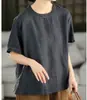 Novo Top de Algodão e Linho para o Verão de 2026 com Gola Redonda em Crochê, Camiseta de Manga Curta de Verão, Camisa de Linho Emagrecedora