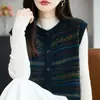 Chaleco Cardigan de Punto Jacquard Retro para Mujer Nuevo Diseño en Capas sin Mangas Chaleco Casual con Chaleco de Suéter