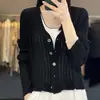 Cardigan Fino de Punto para Mujer, Color Sólido, Costilla, Cuello en V Corto, Botones, Manga Larga, Holgado, Casual, Primavera/Verano 2026