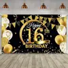 Nova Decoração de Festa de Aniversário Placa e Cartaz Preto e Dourado para Fundo de Cabine de Fotos de Aniversário com Estampagem Dourada
