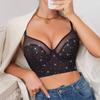 Lencería de Triángulo Estilo Francés para Mujer con Doble Tirante, Hebilla Única, Espalda Hermosa, Diseño Hueco, Tirantes Finos, Sujetador Camisola Sexy con Pedrería