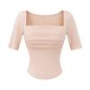 Blusas Plissadas Estilosas para Mulheres 2025 Estilo Francês Slim Fit Verão Novo Estilo com Bojos Embutidos Gola Quadrada Manga Curta Camiseta Atacado