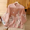 Camiseta bordada modificada estilo chino para mujer, estilo fino de verano, cuello alto, abotonada, algodón y lino, top de manga tres cuartos
