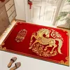 Alfombra de Piso de Terciopelo Rojo Festivo de Cristal del Año del Caballo 2026 para Entrada, Pasillo y Cocina, Felpudo Doméstico Resistente al Desgaste y a la Suciedad