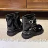 2026 Invierno Nuevo de Moda Botín Cálido con Forro de Felpa para Niñas con Remaches y Botas de Cuero Hebilla de Cinturón de Moda Botines Cortos para Niños