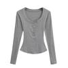 Pure Desire Style U Collar Botão Manga Longa Camiseta Feminina 2025 Nova All-match Slim-fit Slimming Cor Sólida Base Camisa Top