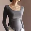 Nuevo Top de Cuello Redondo y Manga Larga para Mujer, Diseño Otoño e Invierno, Estilo de Nicho, Corte Ajustado, Clavícula Expuesta, Ceñido a la Cintura, Adelgazante, Camiseta Base de Hombro Regular