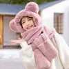 Gorro de Oso Versión Coreana Lindo para Mujer Versátil Otoño e Invierno Gorro Bufanda Integrada Guantes Cálidos Calentador de Cuello Juego de Tres Piezas Moderno