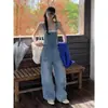 Mono de Mezclilla Vintage Impulsado por el Diseño Primavera/Verano para Mujer, Estilo Coreano de Cintura Alta Pierna Recta Holgado Versátil Lavado Casual Pantalones de Pierna Ancha