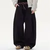 Jeans retro japoneses de mezclilla negros de pierna ancha y corte curvo para hombres y mujeres, color liso, casual, versátil, de pierna recta, corte holgado, pantalones casuales