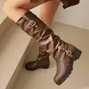Botas de equitación impermeables de color sólido para mujer para otoño e invierno, botas de cuero de caña alta versátiles de talla grande, botas ligeras antideslizantes sin cordones de suela gruesa