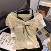 Nuevos Tops Dulces de Verano de Tailandia, Tops Ligeramente Transparentes, Versátiles de Encaje con Lazo Estilo Coreano Dulces Sexy Pura Deseo Camisetas
