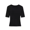 Blusa Pequena de Gola Redonda e Manga Três Quartos para o Verão Meninas Quentes Sexy Cintura Fina Emagrecimento Curta Cor Sólida Ombro Direito Emagrecimento Mangas Curtas