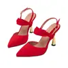 Sandalias Europeas y Americanas de Punta Roja Caladas para Mujer con Decoración de Lazo Tacones Metálicos de Forma Especial Vestido de Banquete de Moda