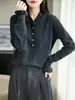 Suéter de punto estilo francés para mujer, 36 puntos, 100% lana pura, con encaje, cuello en V, manga larga, suéter cálido para capa base