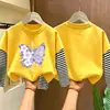 Camiseta de manga comprida para meninas, estilo primavera/outono, nova coleção 2026, peça básica da moda para crianças, algodão puro, blusa falsa de duas peças para meninas pequenas