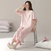 2026 Verano Venta Caliente Pijamas Frescos para Mujer Manga Corta Pantalón Siete Puntos Suave Elástico Algodón Ropa de Casa Delgado Conjunto Casual