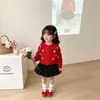 Cardigã Feminino Vermelho Roupa de Primavera Estiloso Bebê Tricô Lã Casaco Outono Inverno Novo Infantil Bordado Flor Suéter