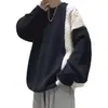 Suéter de retazos para hombre, retro y moderno, corte holgado, tejido de punto pullover otoño/invierno, estilo Hong Kong, ajuste relajado, cuello redondo, suéter de punto trenzado