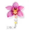 Porta-credencial retráctil con flor de hibisco, lentejuelas y cuentas, bestseller transfronterizo, con función giratoria y extensible, porta-credencial médico con clip de cocodrilo, regalo