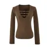 Camiseta de Manga Larga Hueca con Escote Profundo en V, Puro Sexy, Nuevo Estilo Otoño Versátil Ajustada Base Picante para Mujer
