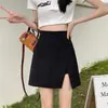 Falda negra de línea A con abertura para mujer, nueva falda de traje de verano de cintura alta adelgazante, falda corta para figuras petite, falda asimétrica
