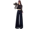 Jeans azul escuro estilo evasê largo para mulheres, novo estilo de outono, plus size, modelagem solta, emagrecimento, adequado para corpo tipo pera, calça levemente flare